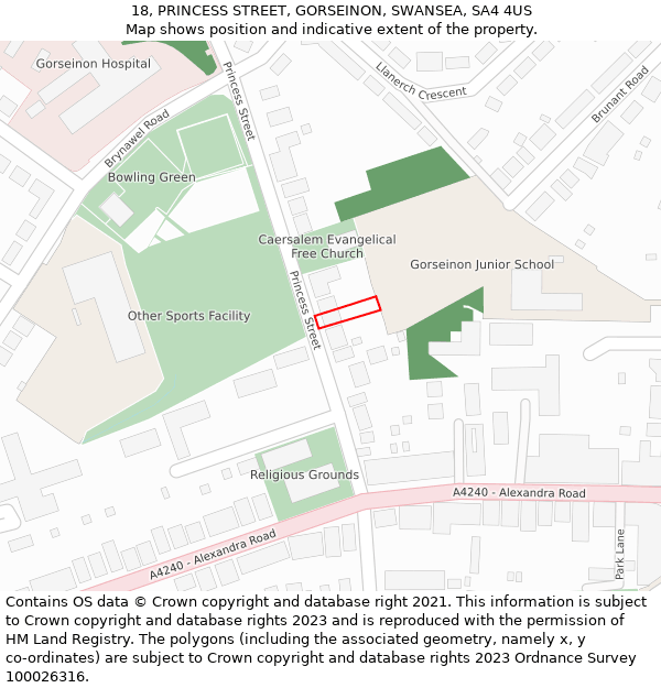18, PRINCESS STREET, GORSEINON, SWANSEA, SA4 4US: Location map and indicative extent of plot