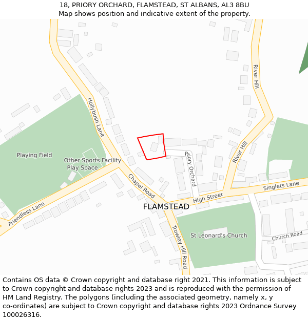 18, PRIORY ORCHARD, FLAMSTEAD, ST ALBANS, AL3 8BU: Location map and indicative extent of plot
