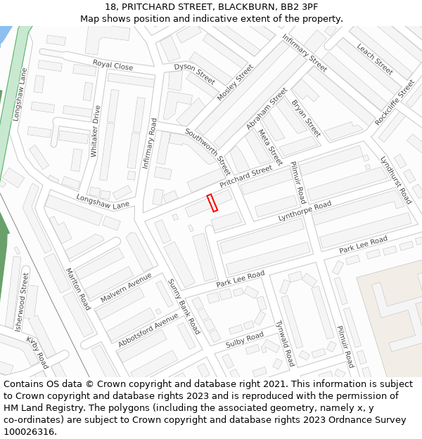 18, PRITCHARD STREET, BLACKBURN, BB2 3PF: Location map and indicative extent of plot