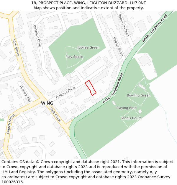 18, PROSPECT PLACE, WING, LEIGHTON BUZZARD, LU7 0NT: Location map and indicative extent of plot