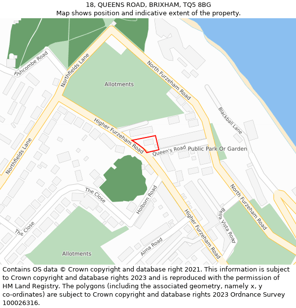 18, QUEENS ROAD, BRIXHAM, TQ5 8BG: Location map and indicative extent of plot