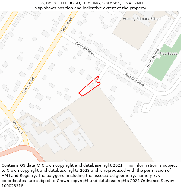 18, RADCLIFFE ROAD, HEALING, GRIMSBY, DN41 7NH: Location map and indicative extent of plot