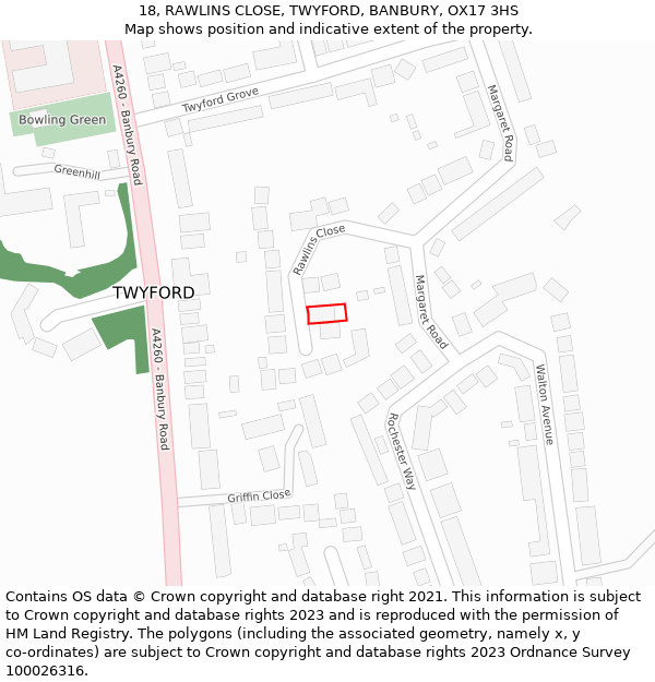 18, RAWLINS CLOSE, TWYFORD, BANBURY, OX17 3HS: Location map and indicative extent of plot