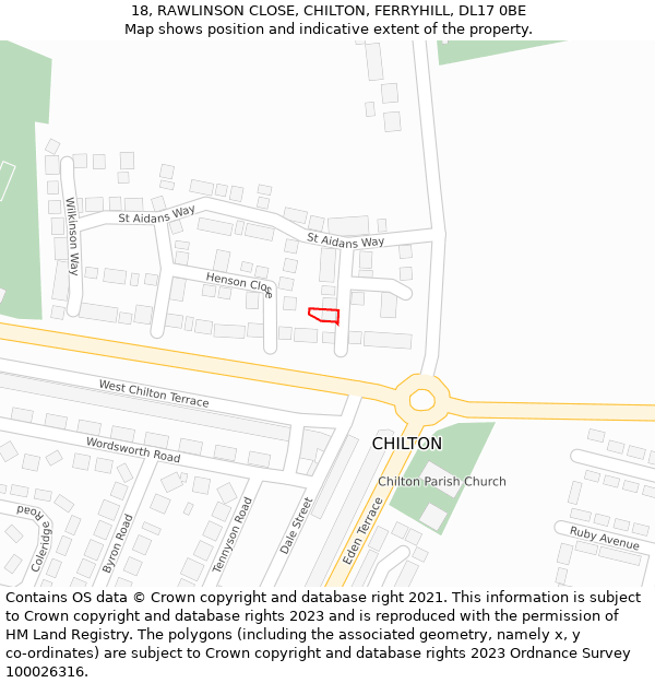 18, RAWLINSON CLOSE, CHILTON, FERRYHILL, DL17 0BE: Location map and indicative extent of plot