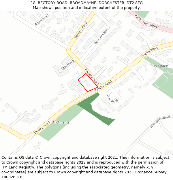 18, RECTORY ROAD, BROADMAYNE, DORCHESTER, DT2 8EG: Location map and indicative extent of plot
