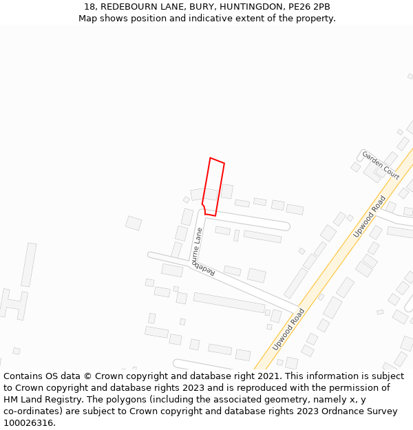 18, REDEBOURN LANE, BURY, HUNTINGDON, PE26 2PB: Location map and indicative extent of plot