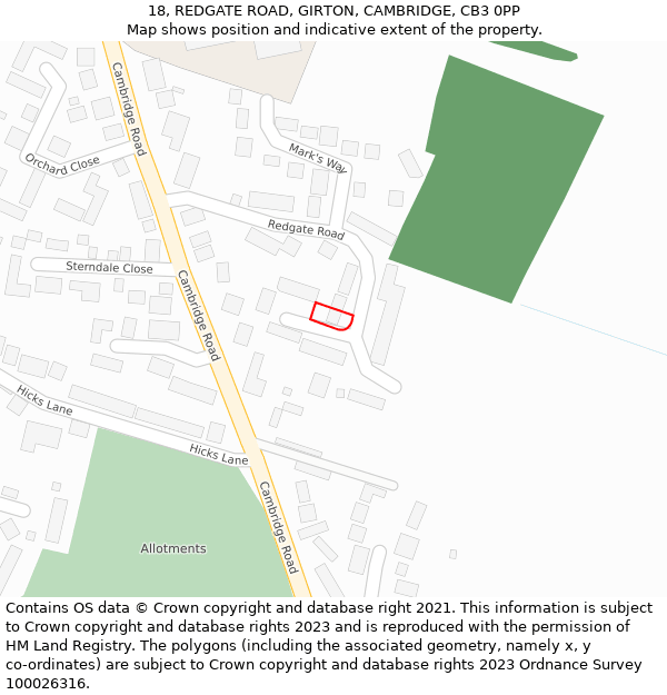 18, REDGATE ROAD, GIRTON, CAMBRIDGE, CB3 0PP: Location map and indicative extent of plot