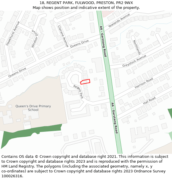 18, REGENT PARK, FULWOOD, PRESTON, PR2 9WX: Location map and indicative extent of plot