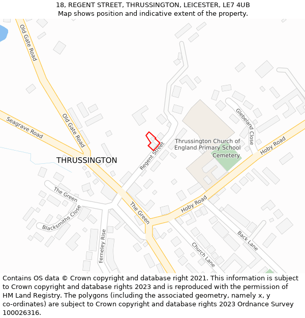 18, REGENT STREET, THRUSSINGTON, LEICESTER, LE7 4UB: Location map and indicative extent of plot