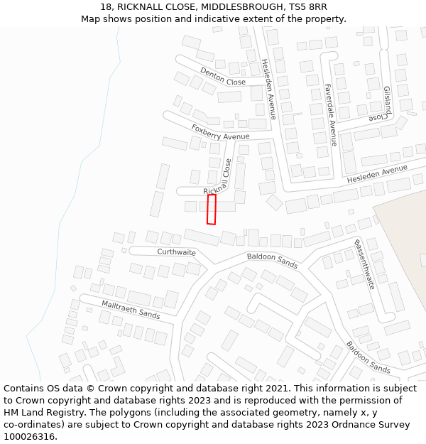 18, RICKNALL CLOSE, MIDDLESBROUGH, TS5 8RR: Location map and indicative extent of plot