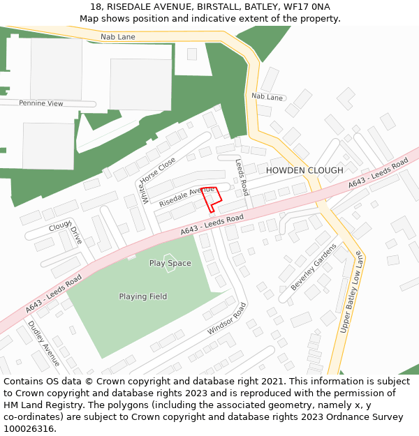 18, RISEDALE AVENUE, BIRSTALL, BATLEY, WF17 0NA: Location map and indicative extent of plot