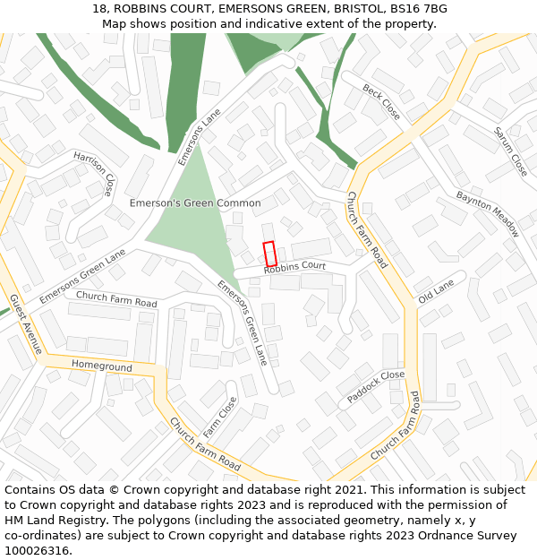 18, ROBBINS COURT, EMERSONS GREEN, BRISTOL, BS16 7BG: Location map and indicative extent of plot