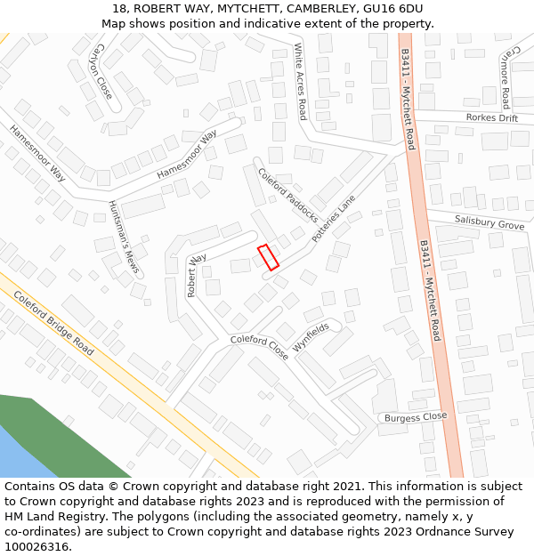 18, ROBERT WAY, MYTCHETT, CAMBERLEY, GU16 6DU: Location map and indicative extent of plot