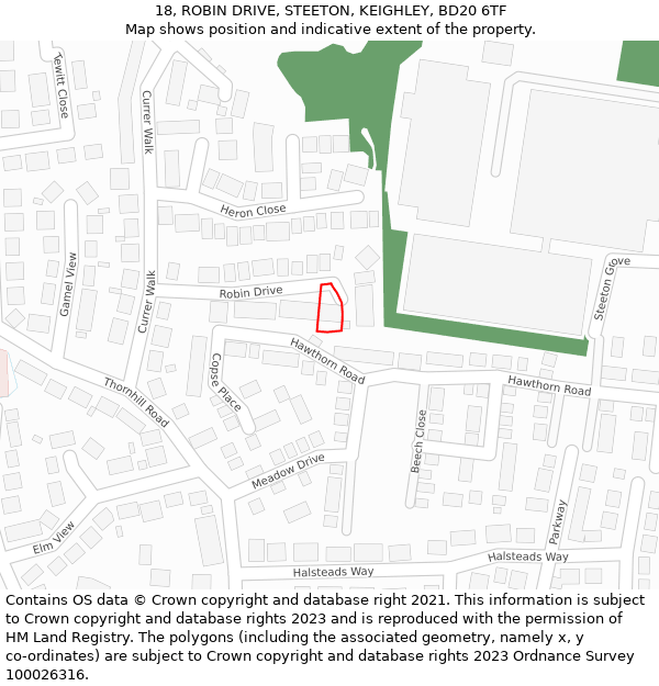 18, ROBIN DRIVE, STEETON, KEIGHLEY, BD20 6TF: Location map and indicative extent of plot