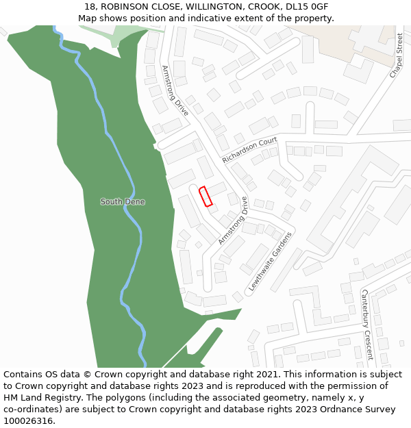 18, ROBINSON CLOSE, WILLINGTON, CROOK, DL15 0GF: Location map and indicative extent of plot