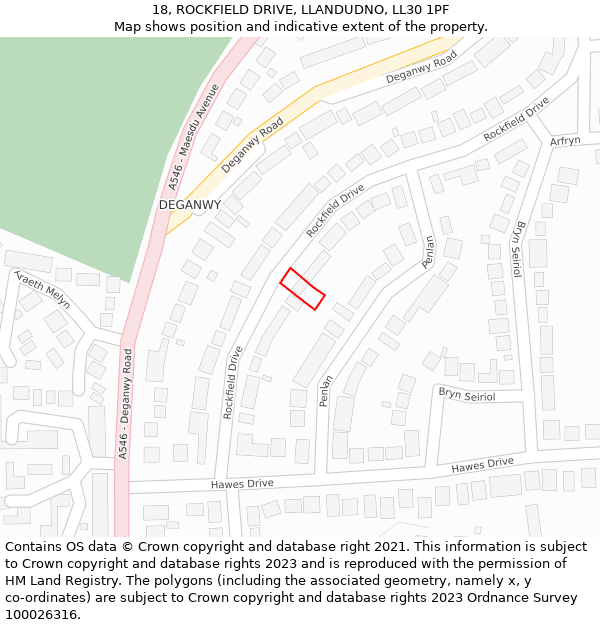 18, ROCKFIELD DRIVE, LLANDUDNO, LL30 1PF: Location map and indicative extent of plot