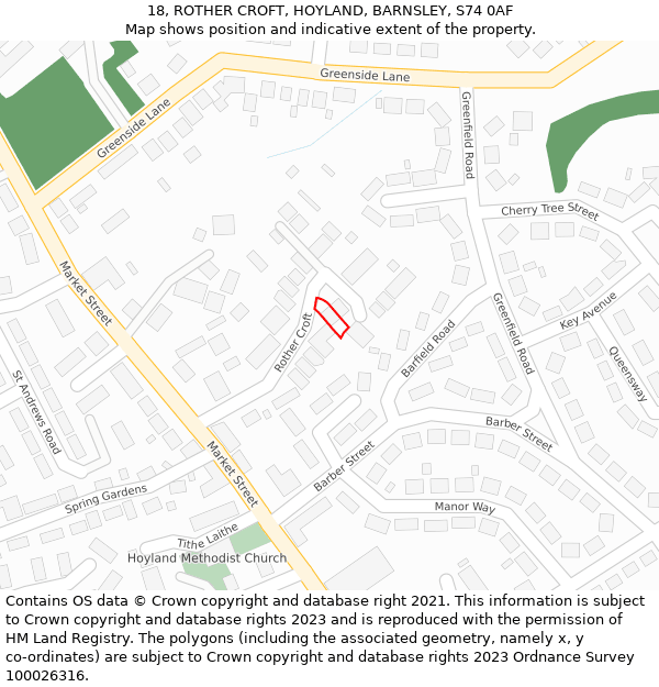 18, ROTHER CROFT, HOYLAND, BARNSLEY, S74 0AF: Location map and indicative extent of plot