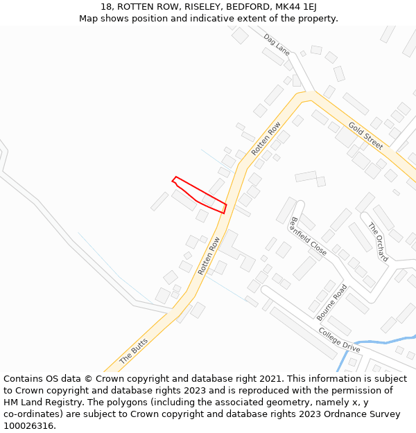 18, ROTTEN ROW, RISELEY, BEDFORD, MK44 1EJ: Location map and indicative extent of plot