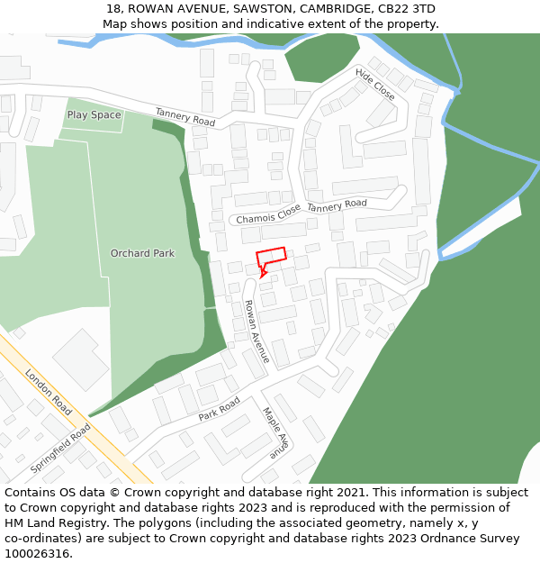 18, ROWAN AVENUE, SAWSTON, CAMBRIDGE, CB22 3TD: Location map and indicative extent of plot