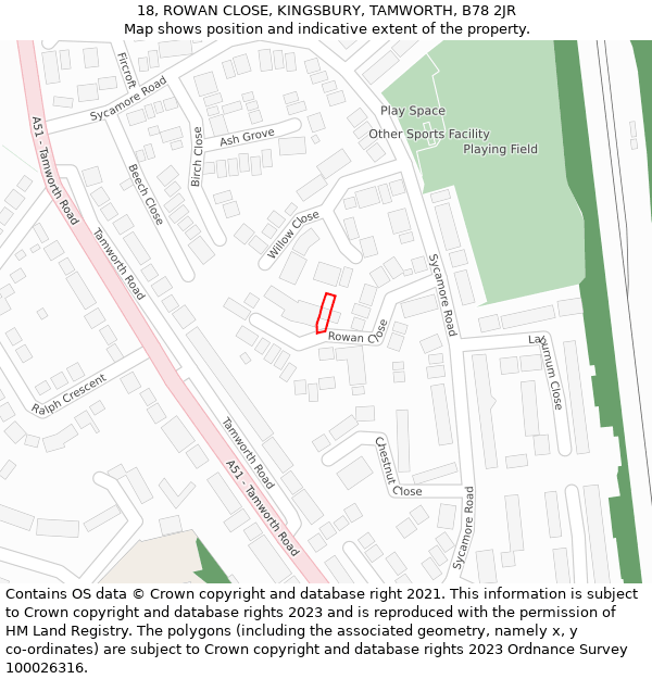 18, ROWAN CLOSE, KINGSBURY, TAMWORTH, B78 2JR: Location map and indicative extent of plot