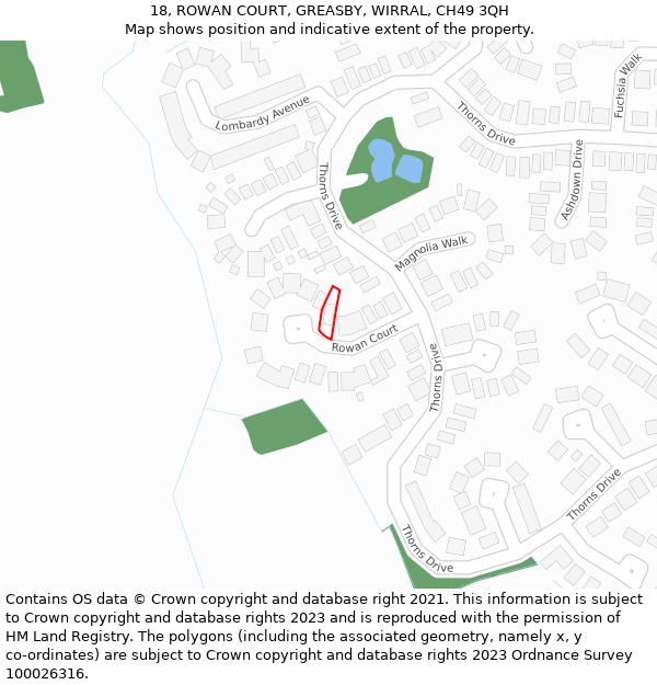 18, ROWAN COURT, GREASBY, WIRRAL, CH49 3QH: Location map and indicative extent of plot