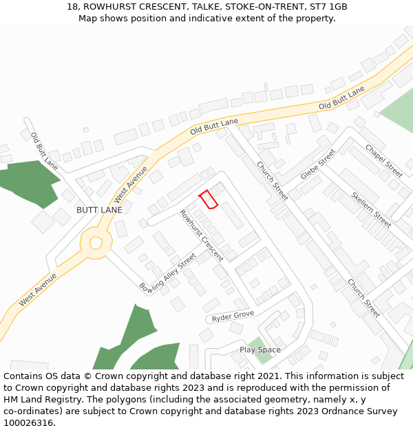 18, ROWHURST CRESCENT, TALKE, STOKE-ON-TRENT, ST7 1GB: Location map and indicative extent of plot