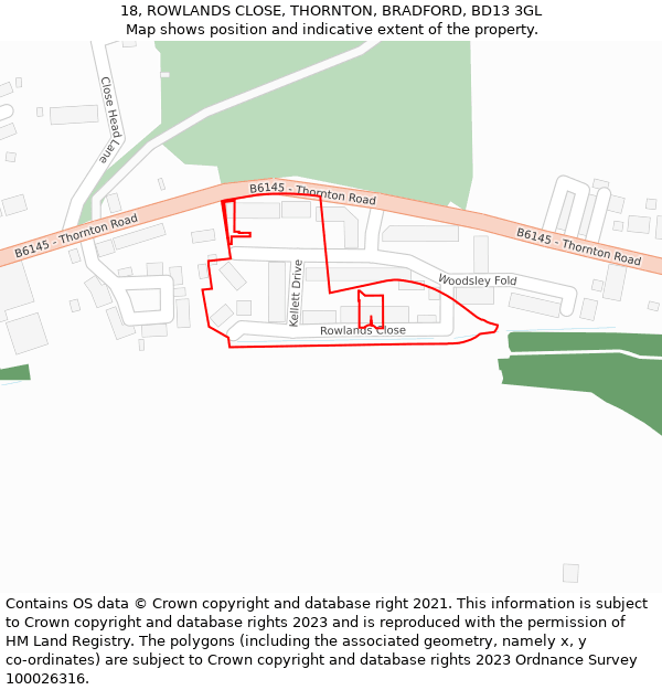 18, ROWLANDS CLOSE, THORNTON, BRADFORD, BD13 3GL: Location map and indicative extent of plot