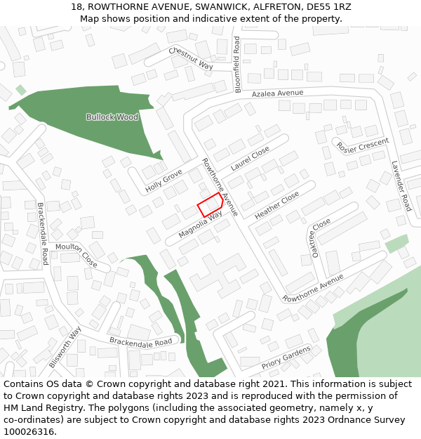 18, ROWTHORNE AVENUE, SWANWICK, ALFRETON, DE55 1RZ: Location map and indicative extent of plot