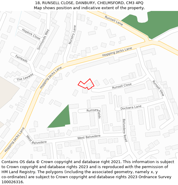 18, RUNSELL CLOSE, DANBURY, CHELMSFORD, CM3 4PQ: Location map and indicative extent of plot