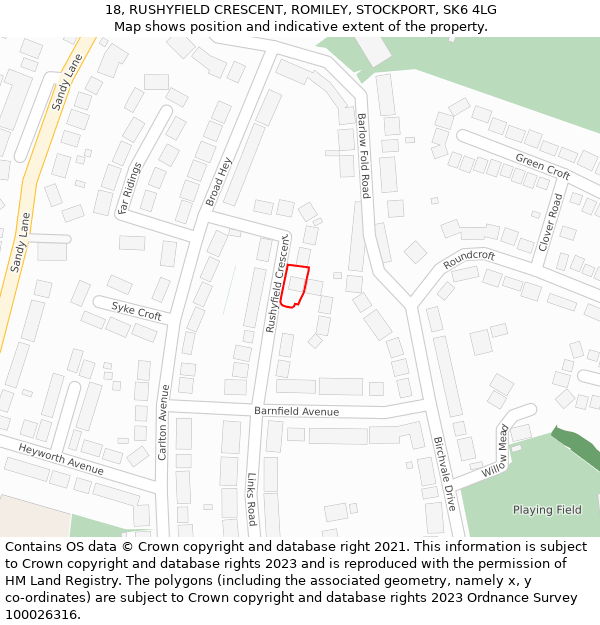 18, RUSHYFIELD CRESCENT, ROMILEY, STOCKPORT, SK6 4LG: Location map and indicative extent of plot
