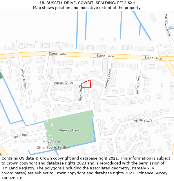 18, RUSSELL DRIVE, COWBIT, SPALDING, PE12 6XH: Location map and indicative extent of plot