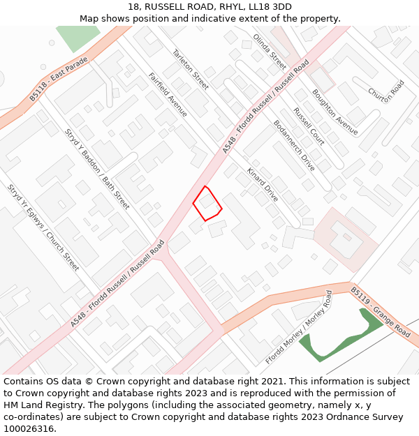 18, RUSSELL ROAD, RHYL, LL18 3DD: Location map and indicative extent of plot