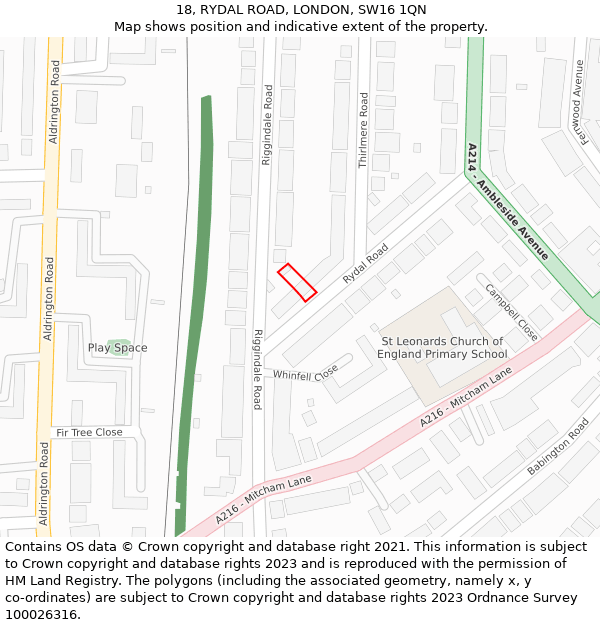 18, RYDAL ROAD, LONDON, SW16 1QN: Location map and indicative extent of plot