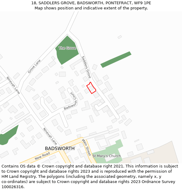 18, SADDLERS GROVE, BADSWORTH, PONTEFRACT, WF9 1PE: Location map and indicative extent of plot