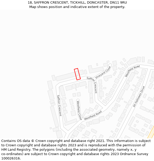 18, SAFFRON CRESCENT, TICKHILL, DONCASTER, DN11 9RU: Location map and indicative extent of plot