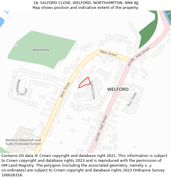 18, SALFORD CLOSE, WELFORD, NORTHAMPTON, NN6 6JJ: Location map and indicative extent of plot