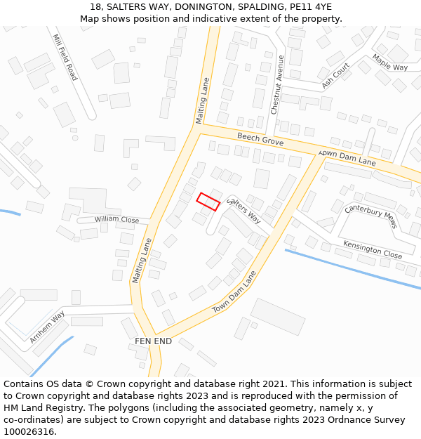 18, SALTERS WAY, DONINGTON, SPALDING, PE11 4YE: Location map and indicative extent of plot