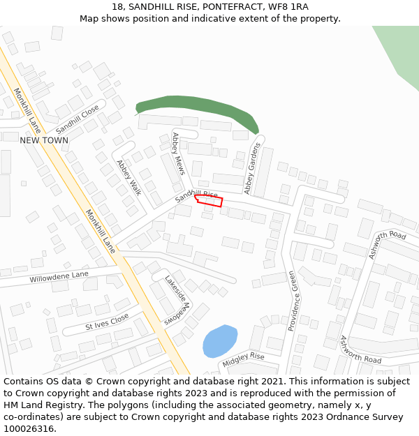 18, SANDHILL RISE, PONTEFRACT, WF8 1RA: Location map and indicative extent of plot