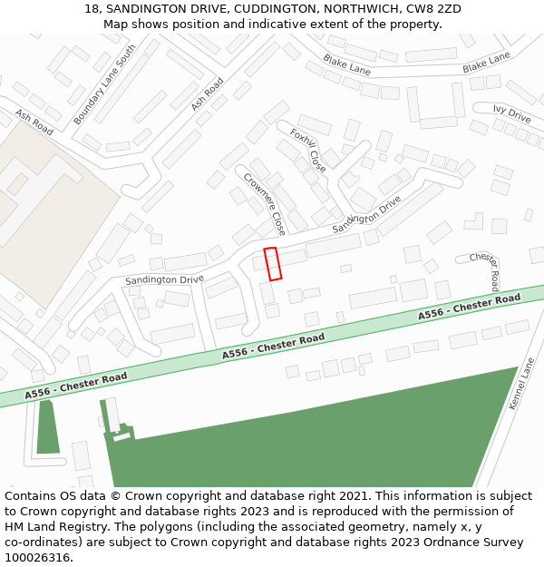 18, SANDINGTON DRIVE, CUDDINGTON, NORTHWICH, CW8 2ZD: Location map and indicative extent of plot