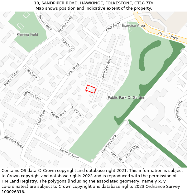 18, SANDPIPER ROAD, HAWKINGE, FOLKESTONE, CT18 7TA: Location map and indicative extent of plot