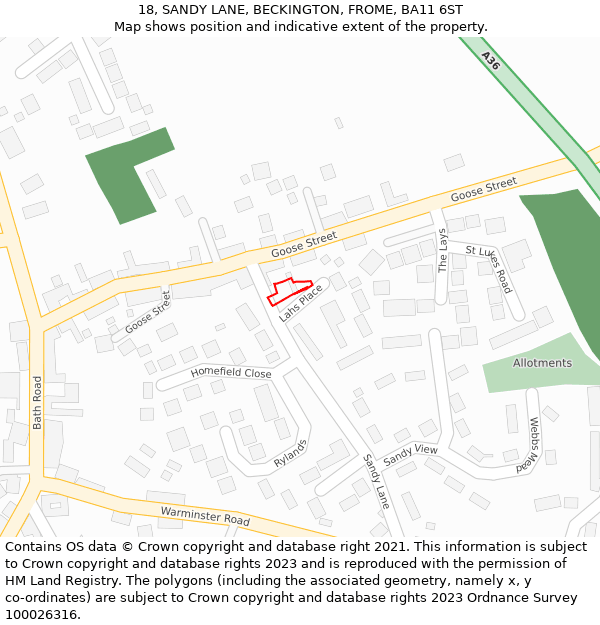 18, SANDY LANE, BECKINGTON, FROME, BA11 6ST: Location map and indicative extent of plot