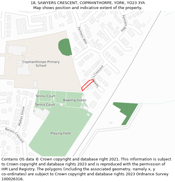 18, SAWYERS CRESCENT, COPMANTHORPE, YORK, YO23 3YA: Location map and indicative extent of plot