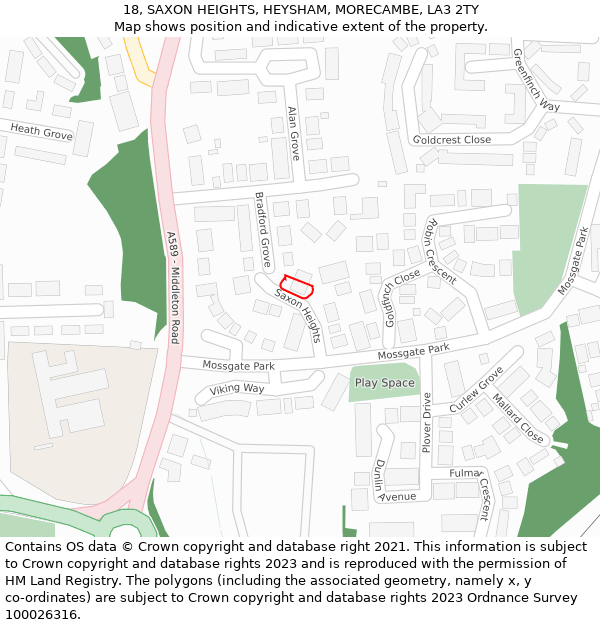 18, SAXON HEIGHTS, HEYSHAM, MORECAMBE, LA3 2TY: Location map and indicative extent of plot