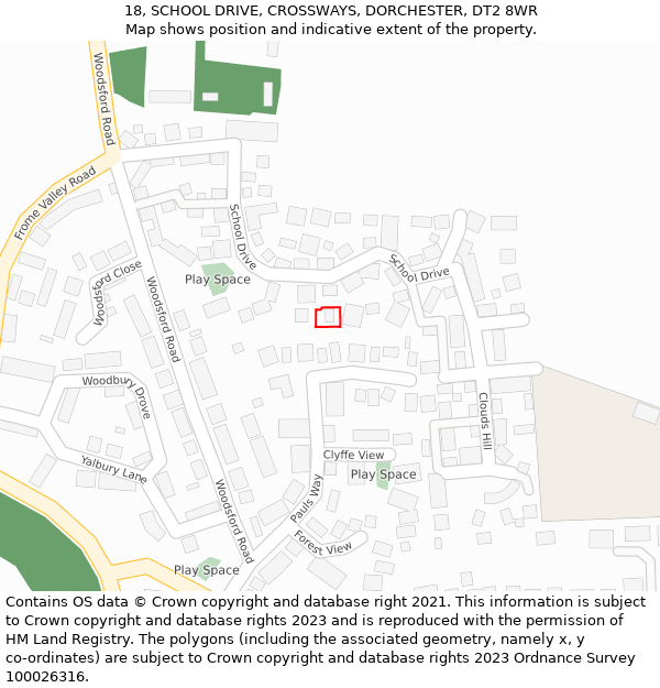 18, SCHOOL DRIVE, CROSSWAYS, DORCHESTER, DT2 8WR: Location map and indicative extent of plot