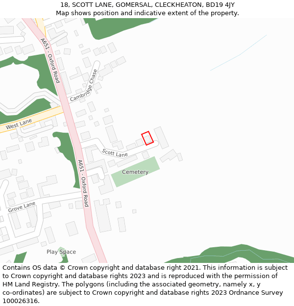 18, SCOTT LANE, GOMERSAL, CLECKHEATON, BD19 4JY: Location map and indicative extent of plot