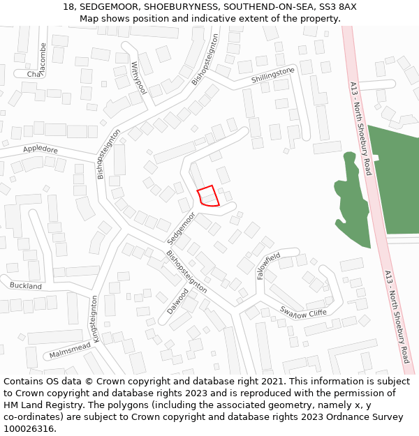 18, SEDGEMOOR, SHOEBURYNESS, SOUTHEND-ON-SEA, SS3 8AX: Location map and indicative extent of plot