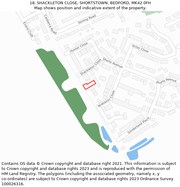 18, SHACKLETON CLOSE, SHORTSTOWN, BEDFORD, MK42 0FH: Location map and indicative extent of plot