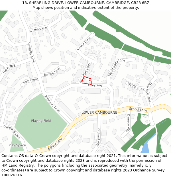 18, SHEARLING DRIVE, LOWER CAMBOURNE, CAMBRIDGE, CB23 6BZ: Location map and indicative extent of plot