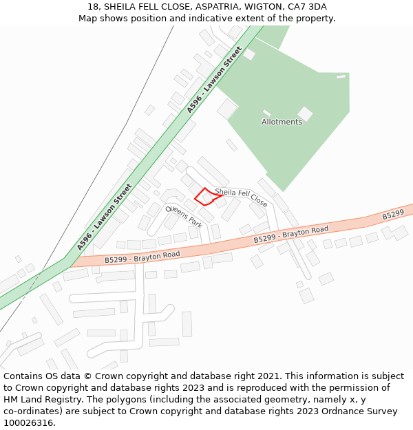 18, SHEILA FELL CLOSE, ASPATRIA, WIGTON, CA7 3DA: Location map and indicative extent of plot