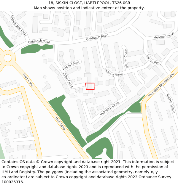 18, SISKIN CLOSE, HARTLEPOOL, TS26 0SR: Location map and indicative extent of plot